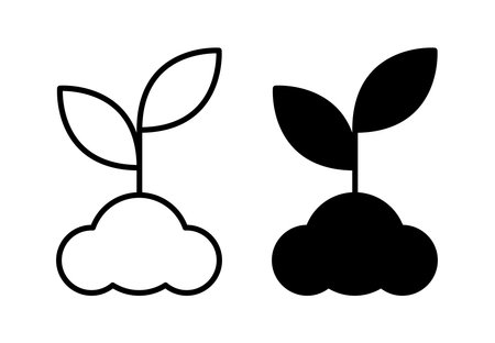 Illustrative design featuring a black and white outline of a seedling sprouting from a cloud, symbolizing growth and renewal in nature and gardening.のイラスト素材