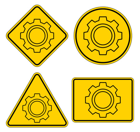 A collection of four yellow gear icons displayed in different shapes, ideal for industrial and mechanical design projects. Perfect for creative and technical uses.のイラスト素材