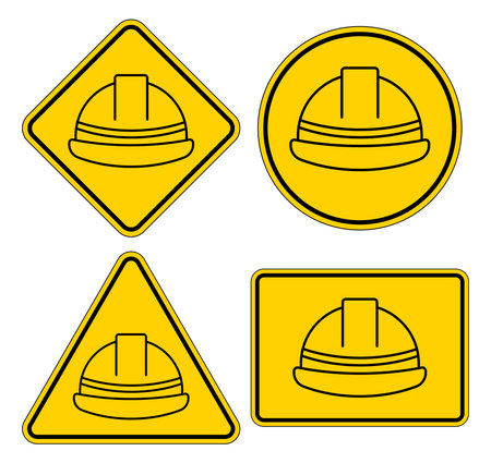 A collection of safety helmet icons in various shapes, designed for construction and industrial themes. These symbols represent caution and protection in the workplace.のイラスト素材