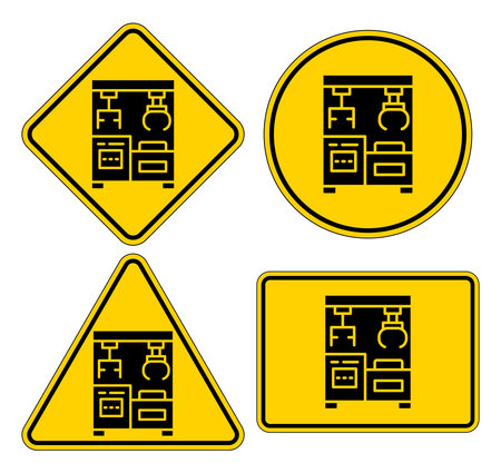 A collection of four yellow warning signs featuring industrial equipment icons, highlighting safety and caution in various shapes and designs for effective communication.のイラスト素材