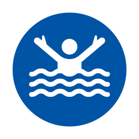 This graphic illustrates a lifeguard alert icon with a person raising hands in water. It symbolizes drowning danger and calls for immediate assistance.のイラスト素材