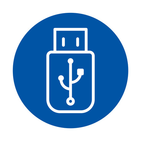 This graphic showcases a simple and modern USB flash drive icon on a blue background, ideal for...