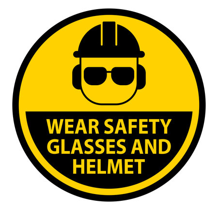 This image depicts a safety sign emphasizing the importance of wearing a helmet and safety glasses. Ideal for construction and industrial settings.のイラスト素材