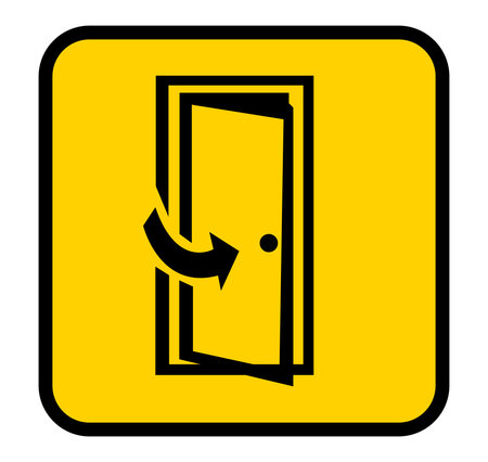 This graphic features a yellow warning sign depicting an open door with a right arrow. The design conveys an important message about movement and accessibility in various environments.のイラスト素材