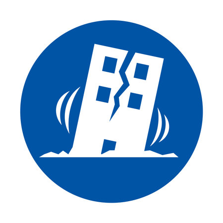This symbol represents earthquake safety, indicating building damage and an alert for potential seismic activity. Ideal for educational and safety campaigns.のイラスト素材