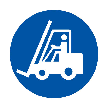 This graphic features a forklift icon with an operator enclosed in a blue circular background. Ideal for safety signage and industrial design.のイラスト素材