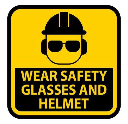 A vibrant safety sign featuring a helmet and glasses icon, emphasizing the importance of personal protective equipment in the workplace for safety compliance.のイラスト素材