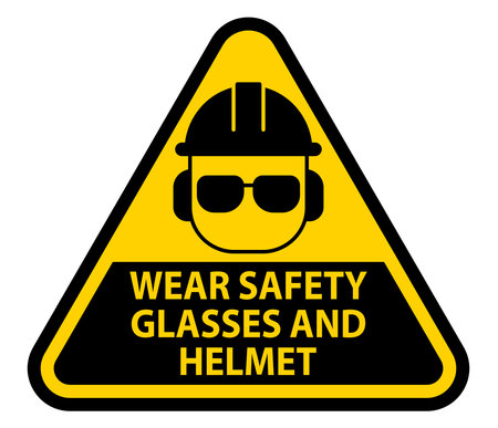 This illustration features a clear safety sign advocating the use of safety glasses and helmet, promoting workplace safety awareness in construction environments.のイラスト素材