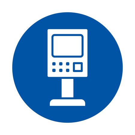 This image features a minimalist white icon of a payment kiosk set against a vibrant blue circle. It represents modern technology and digital transactions.のイラスト素材