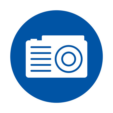 This graphic showcases a white camera and document icon set against a blue circle, perfect for digital media, photography applications, or artistic projects.のイラスト素材