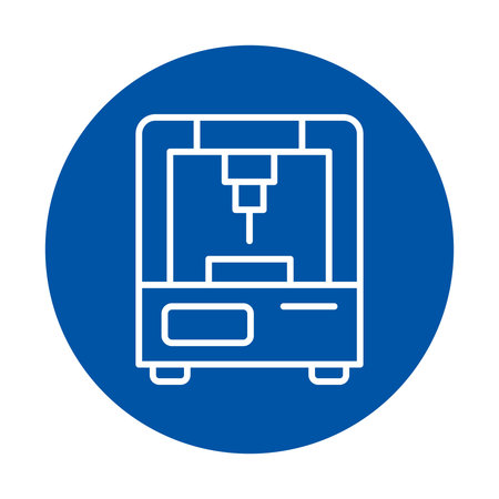 This minimalist illustration depicts a CNC machine on a vibrant blue background, showcasing modern...