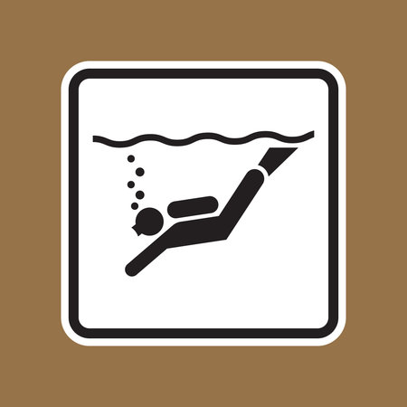 Simple underwater diving icon featuring a swimmer silhouette with bubbles, suitable for safety signage. Perfect for aquatic environments and recreation.のイラスト素材