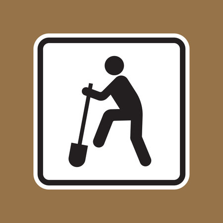 This construction worker icon depicts a figure using a shovel against a brown background. Ideal for signage and graphic designs that emphasize labor and outdoor work activities.のイラスト素材