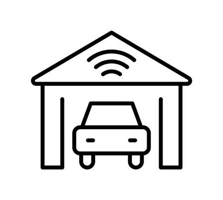 Minimalist graphic of a car parked in a garage with a Wi-Fi symbol overhead, symbolizing modern home automation and connectivity in residential settings.のイラスト素材