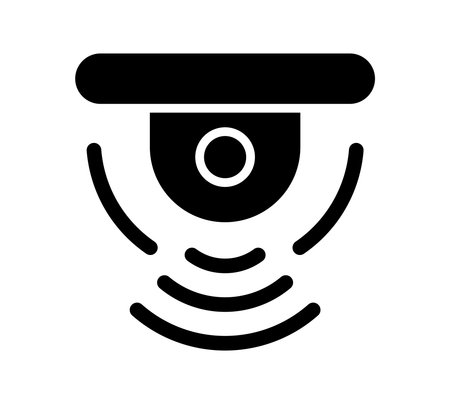 A minimalist black security camera icon that represents surveillance and monitoring systems. This...