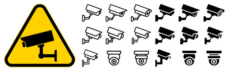 This vector graphic showcases security camera icons alongside a warning sign. Ideal for safety,...