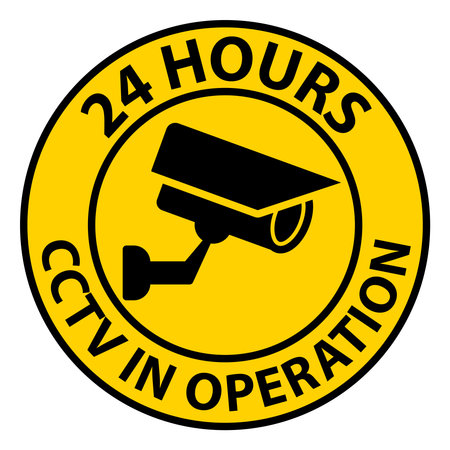 Yellow security sign featuring a CCTV camera icon indicating 24 hours of surveillance operation for enhanced safety and crime prevention in public spaces.のイラスト素材