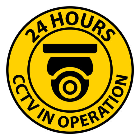 This sign features a clear CCTV camera icon and states "24 Hours CCTV In Operation." It symbolizes security and vigilance in various environments.のイラスト素材