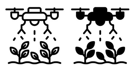 This image features a set of drone icons designed for agriculture, focusing on spraying applications for plant growth and sustainable farming practices.のイラスト素材