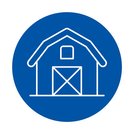 This minimalist barn icon features a sleek white design set against a vibrant blue background....