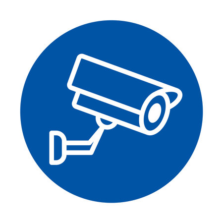 This image features a security camera icon in a blue circular design, representing concepts of...