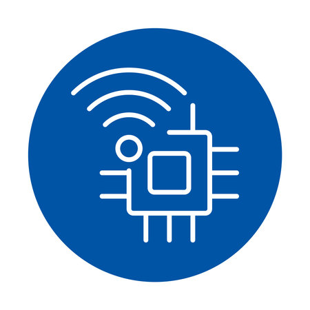 This icon features a wireless technology chip with signal waves inside a blue circle, illustrating...