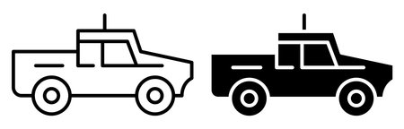 This graphic features a simple line art design of a pickup truck in both black and white. Ideal for modern projects or transportation themes.のイラスト素材