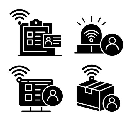 A collection of wireless communication icons representing user identification and alert systems. Ideal for technology and digital communication themes in design projects.のイラスト素材