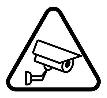 Simple triangle-shaped sign featuring a security camera icon for safety awareness. Ideal for use in various security applications and awareness materials.のイラスト素材