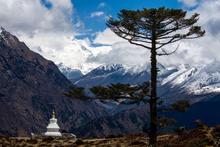 Landscape with a Buddhist stupa in the mountains of Nepal
