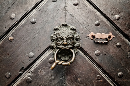 A lion door knocker with a snake encoiled ring in its mouth welcomes visitors on an ancient door in Bamberg, Germany.の写真素材