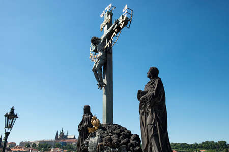 View of Prague Castle Hradcany from Charles Bridge with Statuary of the Holy Crucifix and Calvary, Prague, Czech Republicのeditorial素材