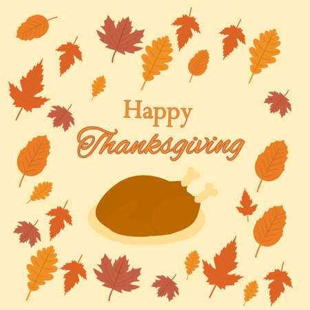 Thanksgiving dinner celebration, traditional with Happy Thanksgiving text. Thanksgiving. Pumpkin and dried leavesのイラスト素材