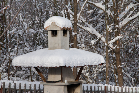 Snow-covered suburban home in the countryside villageの写真素材