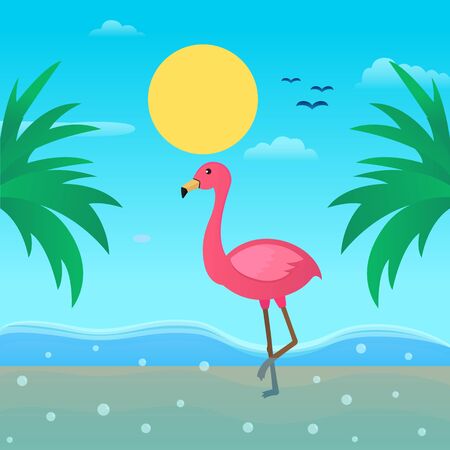 Vector of summer flat design on the beach with flamingo birdのイラスト素材