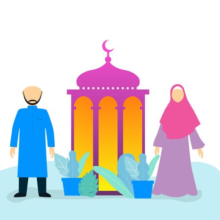 Vector of muslim people flat design. Eid Mubarak momentのイラスト素材
