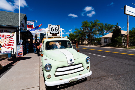 SELIGMAN, ARIZONA, USA-MAY 2, 2016: Views of the route 66 decorations in the city of Seligman in Arizona. Seligman is a small city along the historic route 66, now it is Freeway 40.のeditorial素材