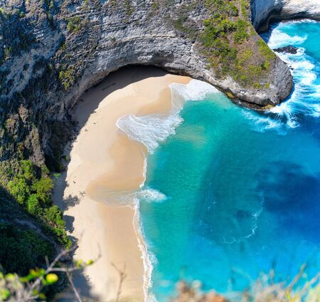 Aerial view of Kelingking Beach aka T-Rex Head Beach in Nusa Penida, Bali, Indonesiaの写真素材