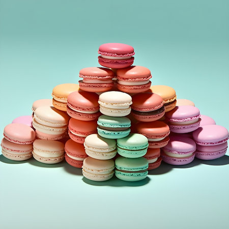 Colorful macaroons on a blue background. Pastel colours.の素材