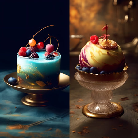 Blueberry and cherry ice cream in a glass vase on a dark backgroundの素材