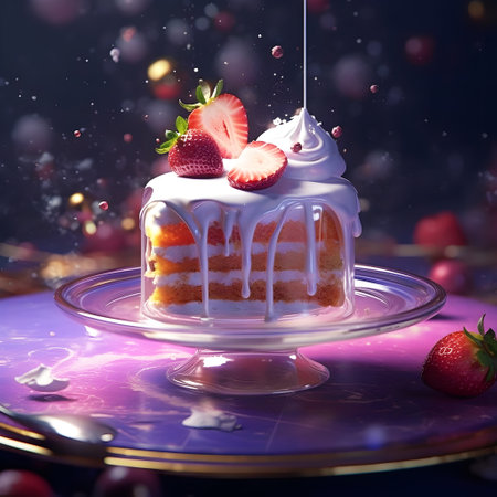 Strawberry cake with cream on a purple background. 3d renderingの素材