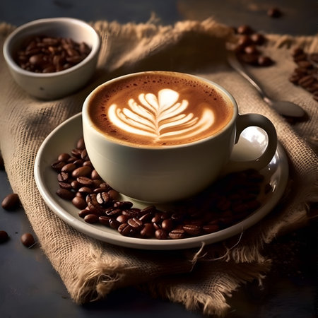 Cup of coffee with latte art and coffee beans on dark backgroundの素材