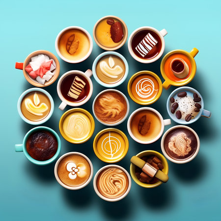 Coffee cups with different types of coffee on blue background.の素材