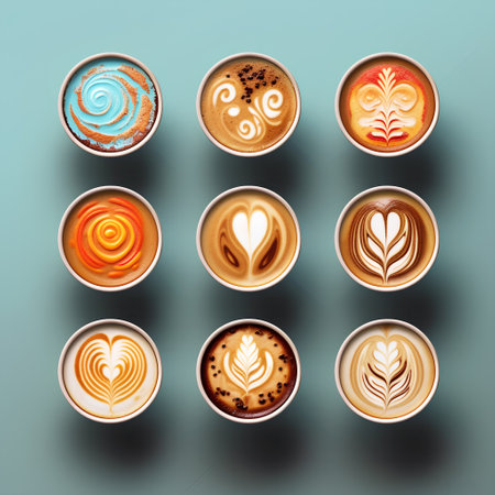 Coffee cups with latte art on blue background, top viewの素材