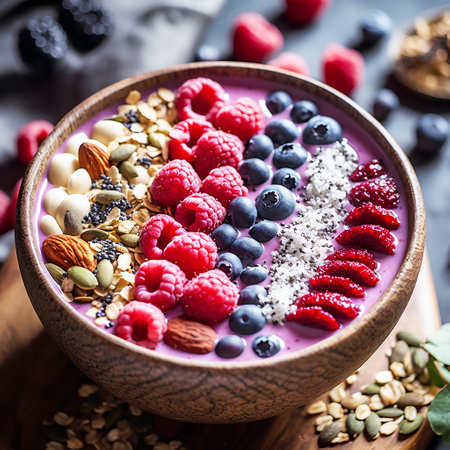 Smoothie bowl with fresh berries, nuts and chia seedsの素材