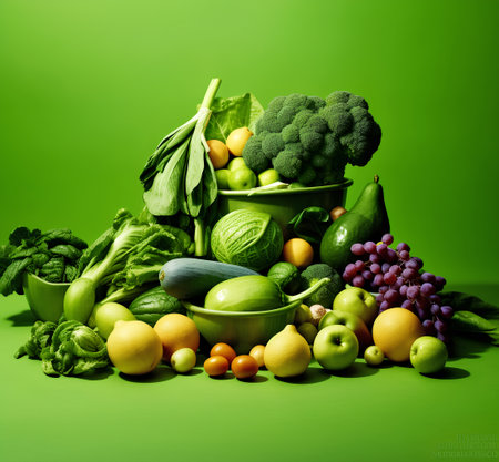 Composition with variety of raw organic vegetables and fruits. Balanced dietの素材