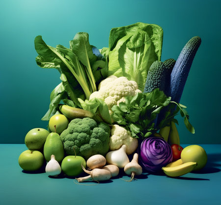 Composition with variety of fresh vegetables and fruits. Balanced diet.の素材