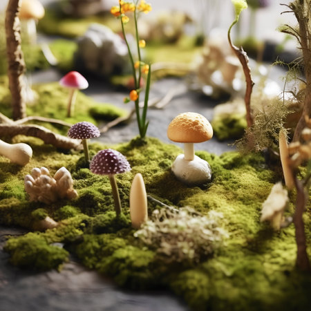 Mushrooms in the moss, selective focus, shallow depth of fieldの素材