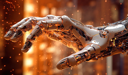 3d rendering humanoid robot hand touching screen with finger on blurred backgroundの素材