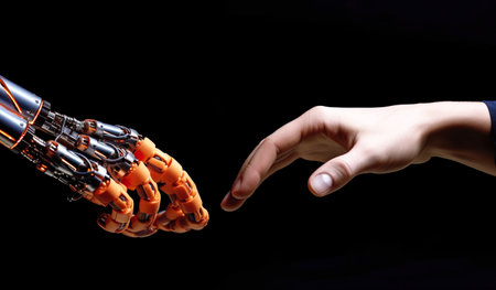 Close-up of human hand and robot arm isolated on black backgroundの素材